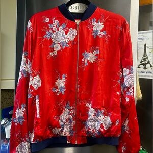 Red floral satin bomber jacket